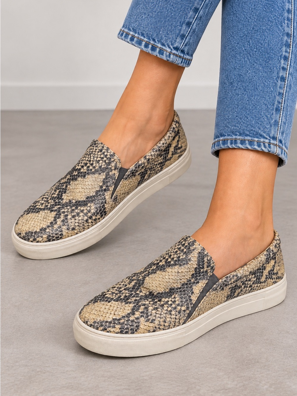 Vince Camuto Beige and Black Snake-Print Slip-On Sneakers